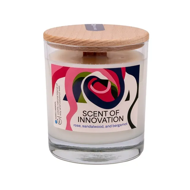 A natural scented candle in a glass vessel, produced for Konica Minolta as a corporate gift