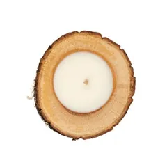 Top view of a natural scented candle in an oak wooden vessel with dark bark, custom-made for a furniture shop