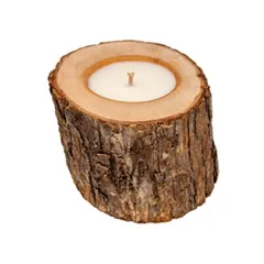 A natural scented candle in an oak wooden vessel with light bark, custom-made for an interior design project